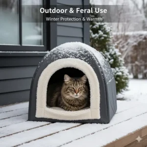 A weather-resistant self-warming cat shelter designed for outdoor or feral cats in winter.