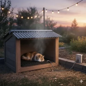 A waterproof electric cat heating pad placed inside a wooden outdoor cat shelter.
