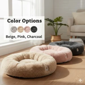 Multiple color options for the plush cat bed including beige, pink, and charcoal.