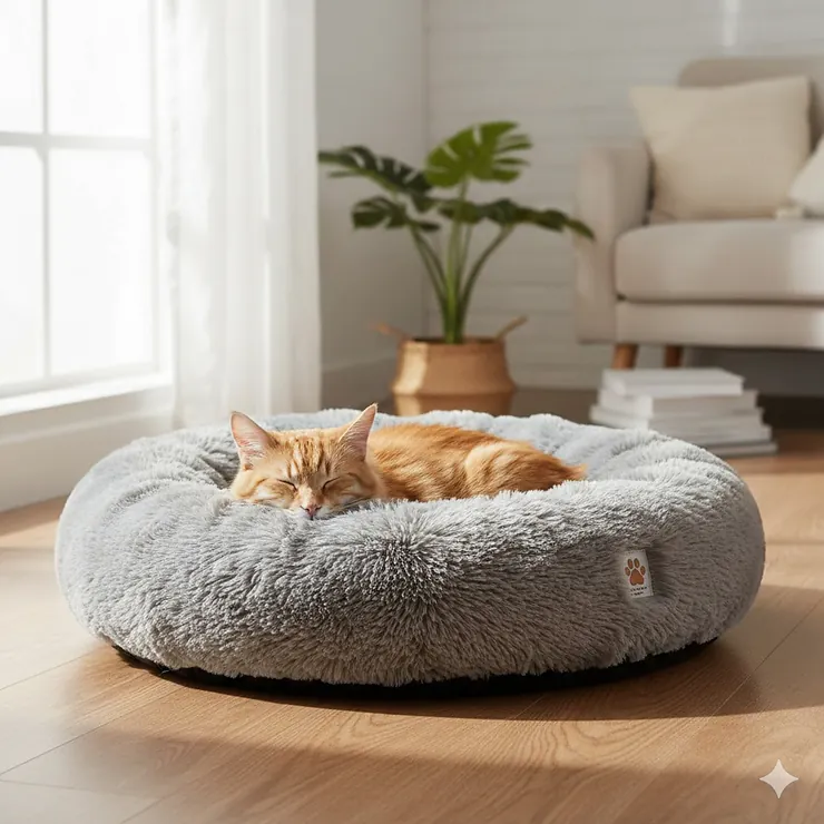 A round, grey plush cat bed with a high-rim design and faux fur texture.