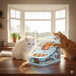 A cat eating specialized prescription food from a secure microchip-activated pet feeder.