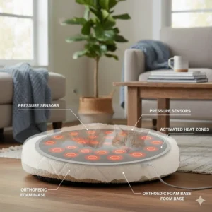 Illustration of pressure-activated sensors that turn the electric cat bed on only when a pet sits down.