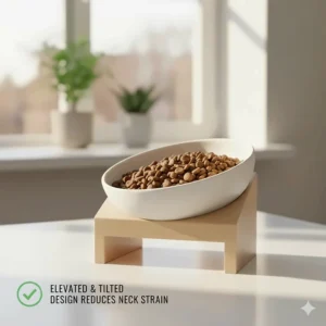 An elevated and tilted ceramic cat bowl stand that promotes better posture and reduces whisker stress.