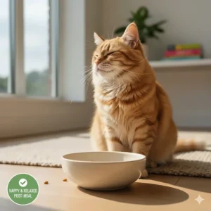 A relaxed and happy orange cat sitting next to an empty wide bowl after a comfortable mealtime.