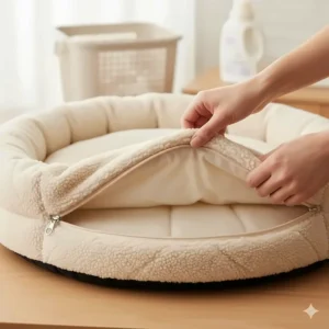 A person unzipping the machine-washable cover from a round electric cat bed for cleaning.