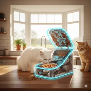 Illustration of the airtight silicone seal on a microchip feeder to keep wet food fresh.