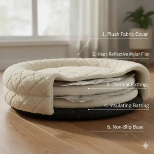 A diagram showing the internal layers of a self-warming cat bed including the heat-reflective mylar film.