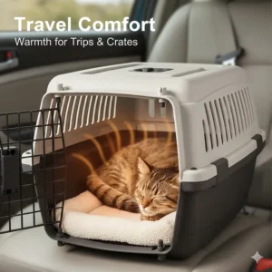 A rectangular self-warming cat pad fitted inside a travel carrier for warmth during trips.