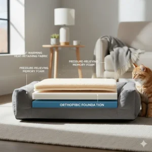 Illustration of the self-warming thermal fabric used inside a supportive orthopedic cat bed.