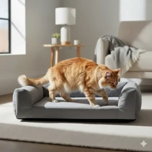 An elderly cat easily stepping onto a low-entry orthopedic cat bed designed for arthritis support.