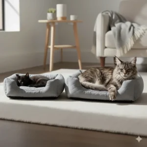 Two different sizes of orthopedic cat beds side-by-side to show options for kittens and large breeds.