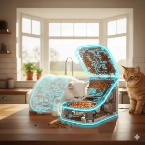 An overhead view of a microchip cat feeder with a split bowl for both wet and dry food.