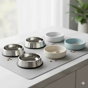 A selection of stainless steel and ceramic cat bowls for whisker fatigue displayed on a silicone mat.