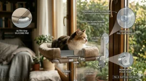 Technical breakdown of a cat window perch bracket featuring precision-machined aluminum and leveling gears.