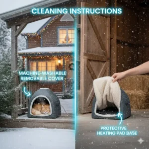 Illustration of a removable, machine-washable fleece cover for an outdoor heated cat bed.