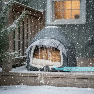 Illustration of a waterproof heated cat bed designed to keep feral cats dry in rain and snow.