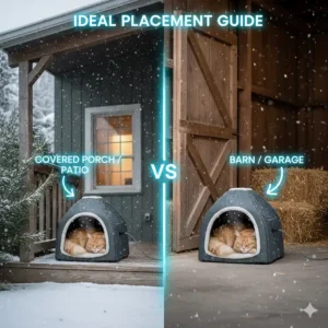 Illustration showing ideal placement of a heated cat bed for outdoor cats on a covered porch or inside a garage.