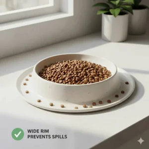 Top-down view of a wide-rimmed cat food dish that prevents kibble from spilling over the edges during feeding.