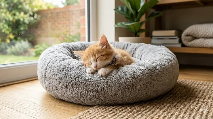 A fluffy ginger kitten sleeping peacefully in a soft, grey doughnut-style cat bed. cat bed for kittens