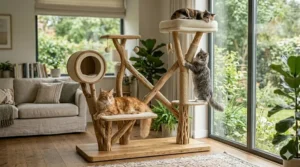 An illustration of a sturdy cat tree with extra-wide platforms and reinforced bases specifically for large cat breeds.