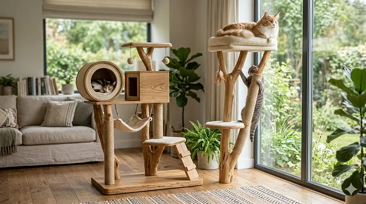 A modern luxury wood cat tree with multiple levels and a plush sleeping perch in a sunlit living room. best cat tree