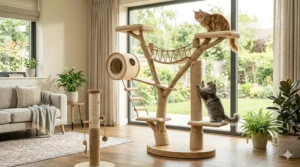 A detailed view of a cat tree featuring integrated sisal-wrapped scratching posts and hanging play toys.