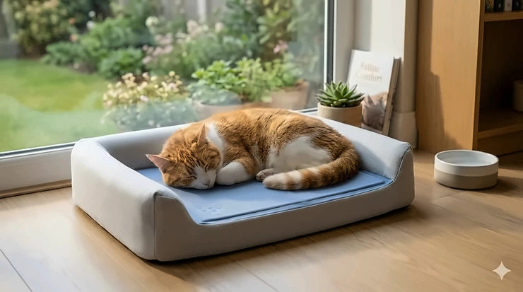 A fluffy ginger cat sleeping soundly on a blue gel-infused cooling cat bed in a sunlit room.