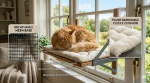Close-up illustration of the breathable mesh and fleece padding used on a cat window perch for large cats.