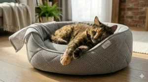 Illustration showing the breathable, quick-dry mesh fabric of a modern washable cat bed.