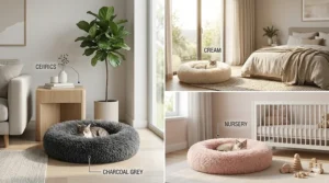 A variety of calming cat beds in neutral colors like cream, charcoal, and light pink to match home decor.