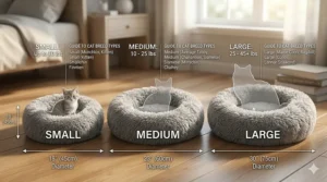 A helpful size chart comparing small, medium, and large calming cat beds based on cat weight and length.