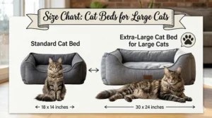 A size comparison chart showing a standard cat bed versus an extra-large cat bed for large cats.