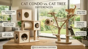 An educational graphic comparing the features of a fully enclosed cat condo versus an open-tier cat tree.