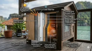 Detailed cutaway diagram showing the multi-layer thermal insulation, reflective foil, and EPS foam core of an insulated cat house.