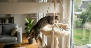 A photorealistic, high-detail 4K illustration of an active tabby cat mid-jump into a securely fastened macrame hanging cat bed in a sunlit living room.