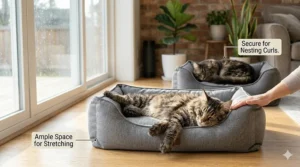 Illustration of various sleeping positions like stretching and curling inside a spacious cat bed for large cats.