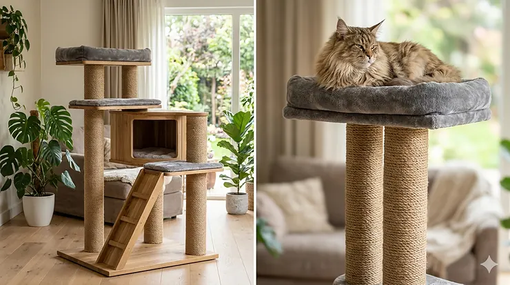 A heavy-duty floor-to-ceiling cat tree for large cats featuring extra-wide perches and a reinforced base for stability.