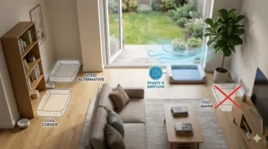 Illustration of a person removing the washable cover from a cooling cat bed for easy maintenance and cleaning.