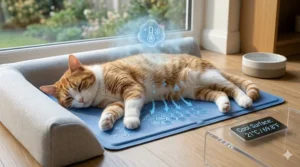 Infographic showing the thermal efficiency of a cooling cat bed with temperature indicators and airflow arrows.