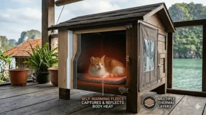 Interior view of an insulated cat house featuring a self-warming fleece mat that captures and reflects feline body heat.