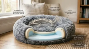 Illustration showing the circular donut shape of a calming cat bed designed to support a cat’s spine.