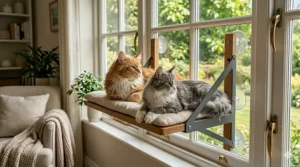 A two-tier window cat bed illustration showing enough space for two large cats to lounge.