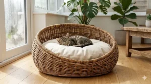 Hand-woven natural rattan luxury cat bed with an organic cotton pillow.