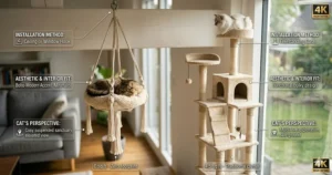 A photorealistic 4K comparison infographic showing a zero-footprint suspended macrame hanging cat bed versus a bulky traditional beige carpeted cat tree taking up floor space.