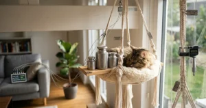 A photorealistic illustration of a hanging macrame cat bed undergoing a certified weight capacity test with metal weights, digital stress sensors, and an engineering logbook in a sunlit living room.