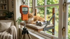 Illustration showing the high weight capacity of a cat window perch designed for large breeds.