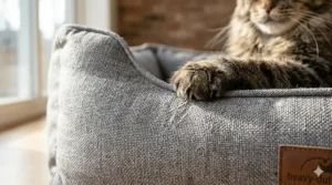 Close-up illustration of reinforced stitching and scratch-resistant fabric on a cat bed for large cats.