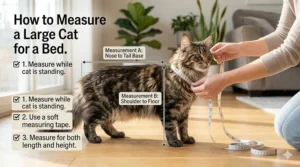 A diagram showing how to measure a long cat from nose to tail to find the right cat bed for large cats.