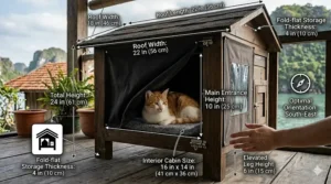 Infographic overlay showing the specific height, width, and interior cabin dimensions of a medium-sized insulated cat house.