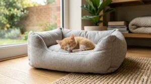 Illustration of a small kitten curled up against the raised edges of a bolster cat bed for extra security.